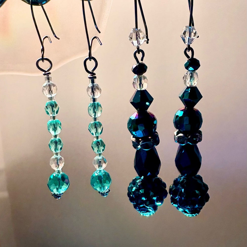 Earrings Pierced Handcrafted Unique Blue Disco + Faceted Glass & Aqua Crystals